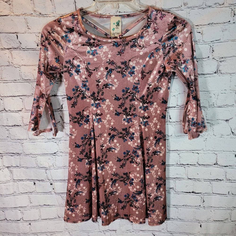 Lily Bleu Floral‎ Skater Dress Girls 12 Pink Velvet Bell Sleeve Excellent Boho
